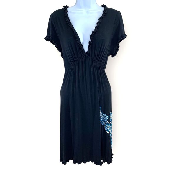 Vtg Y2k Rhinestone Cross Wings Babydoll Dress Size S / M Scalloped Jersey FLAWS - Picture 1 of 15